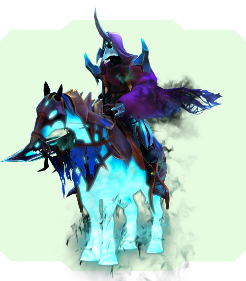 Mistyczna postać w ciemnej, ozdobnej zbroi jedzie na widmowym, eterycznym koniu, który świeci na niebiesko. Fioletowa peleryna jeźdźca i rogatym hełm dodają mu tajemniczej aury