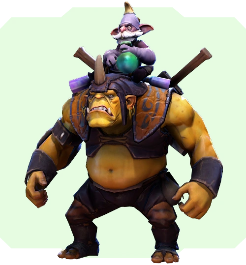 Duet postaci fantasy: zrzędliwy, muskularny ogr w skórzanej zbroi i rogatym hełmie niesie wesołą, przypominającą gnoma istotę trzymającą zieloną kulę, emanującą duchem przygody