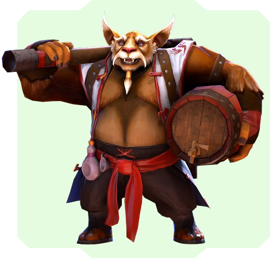 Fantastyczny wojownik o zwierzęcych cechach, trzymający laskę i beczkę. Ubrany w czerwoną szarfę i zbroję, postać emanuje siłą i gotowością do walki