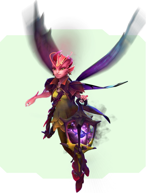 Kapryśna postać wróżki z jaskrawymi różowymi skrzydłami i strojem przypominającym liście trzyma świecącą fioletową latarnię, nadając całości mistyczny i pełen przygód charakter