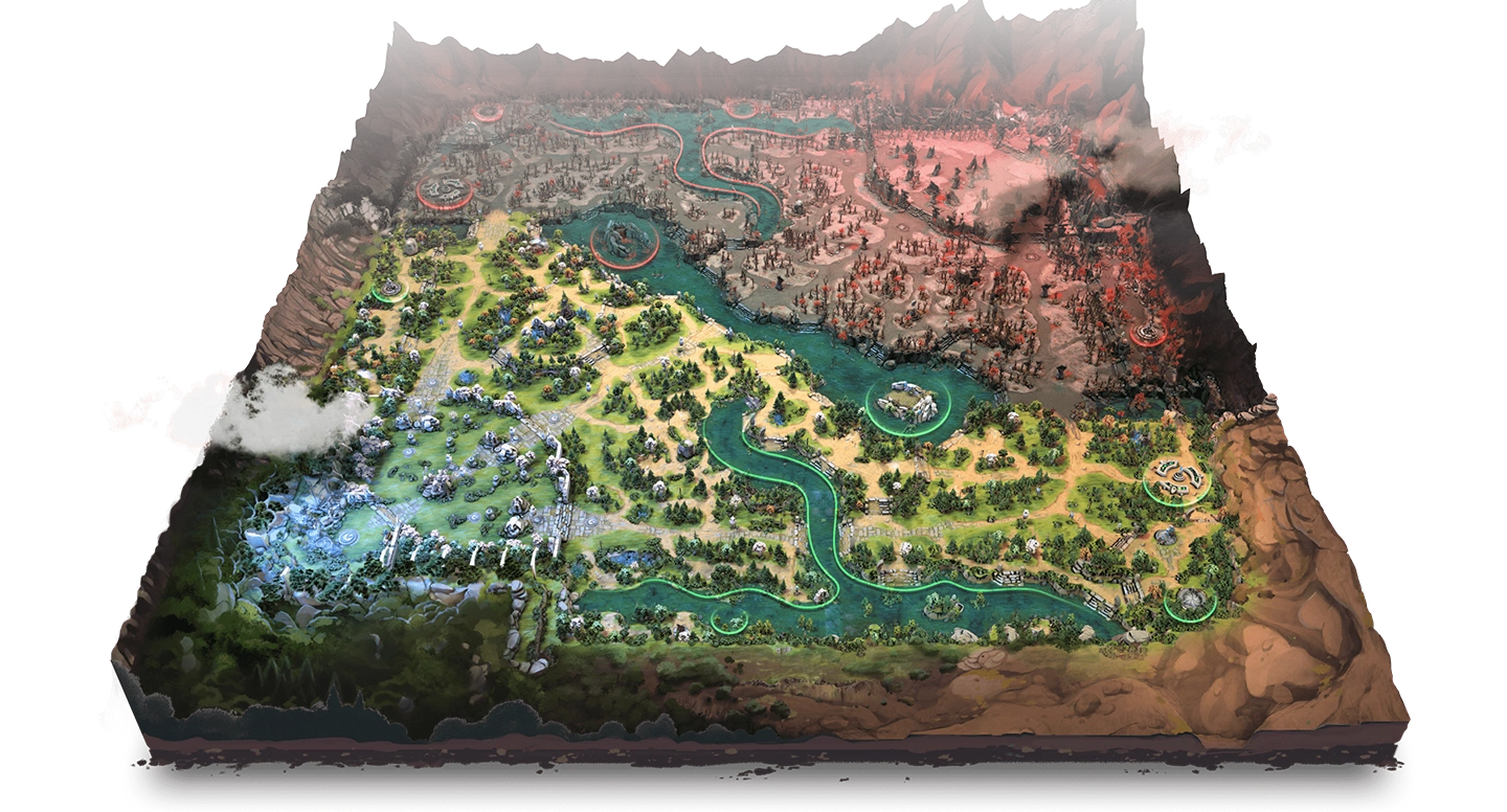 Trójwymiarowa mapa do gry fantasy przedstawiająca bujny, zielony krajobraz z krętymi rzekami i lasami po lewej stronie, kontrastujący z jałowym, skalistym terenem po prawej stronie